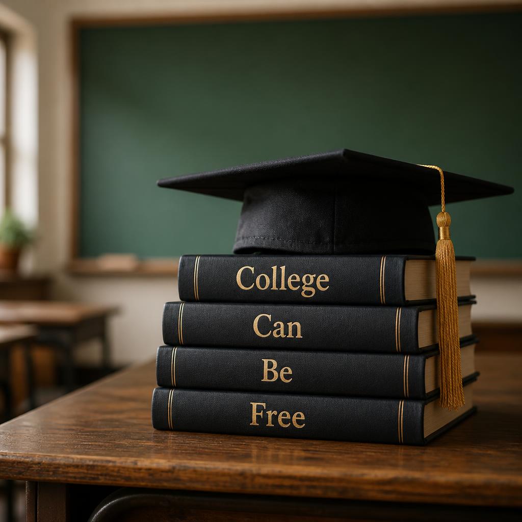 Stack of four hardcover books with gold lettering reading 'College Can Be Free' and a graduation cap on a wooden desk, softly blurred classroom background