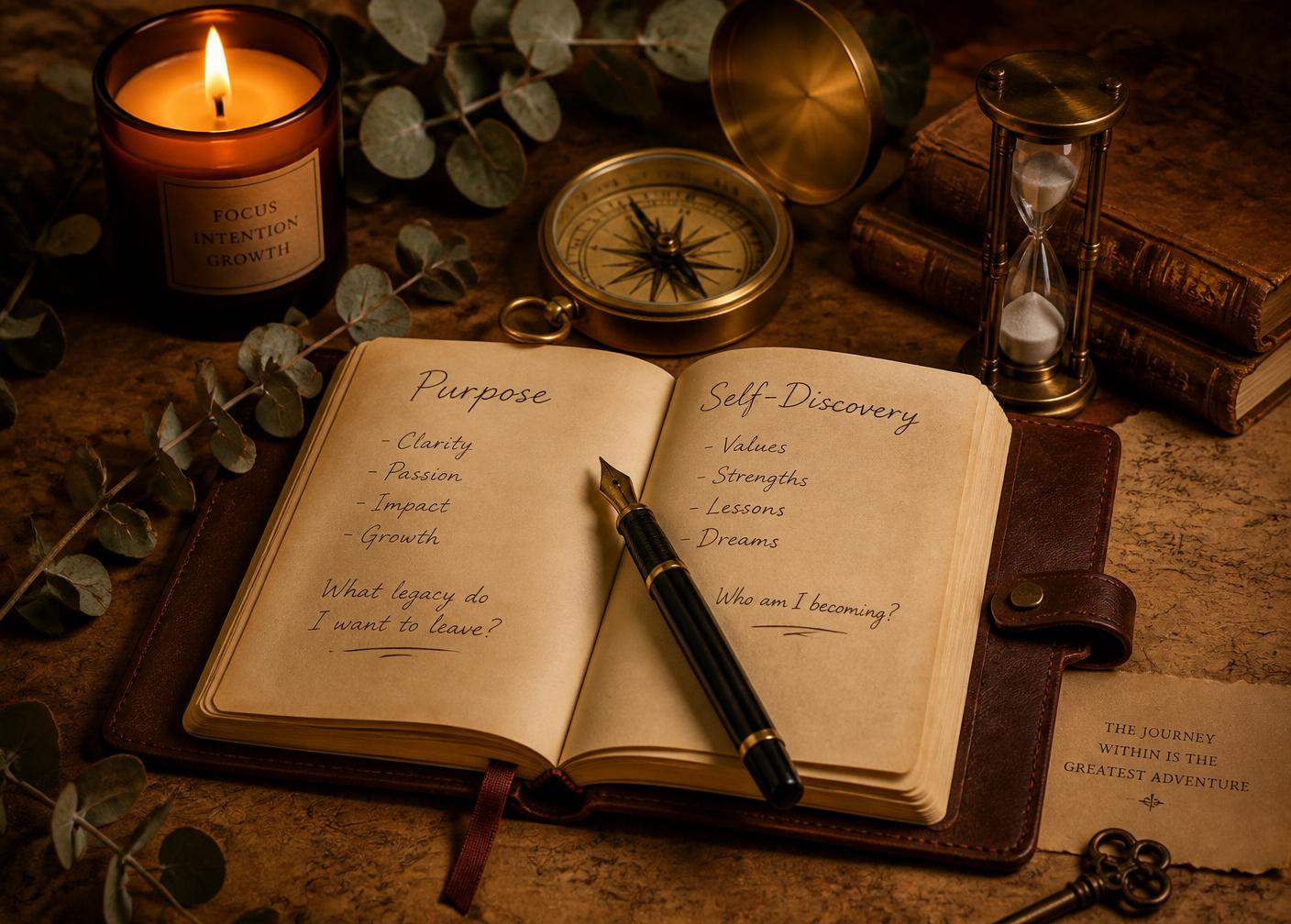 Leather journal, brass compass, and candle representing purpose and self-discovery